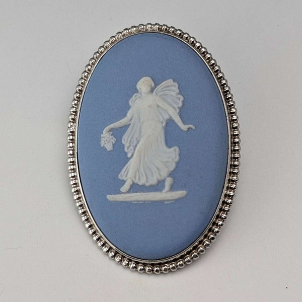 1970 Vintage British Wedgwood Sterling Silver & Jasperware Oval Brooch with Case