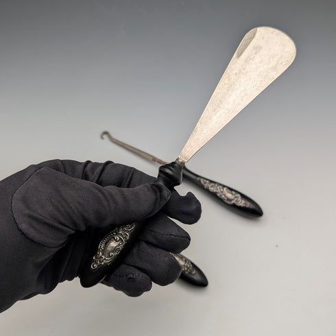 復古純銀裝飾烏木柄梳妝工具三件套