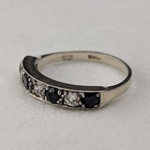 UK Vintage Blue & Clear Milgrain Eternity Ring Sterling Silver Ring (US Size 7.5)