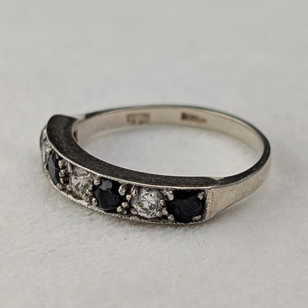 British Vintage Blue & Clear Milgrain Eternity Ring, Sterling Silver (US Size 7.5)