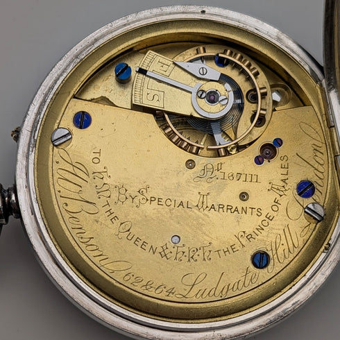 1887年 英國古董 J.W.Benson 懷錶 純銀開放式錶面 運作良好