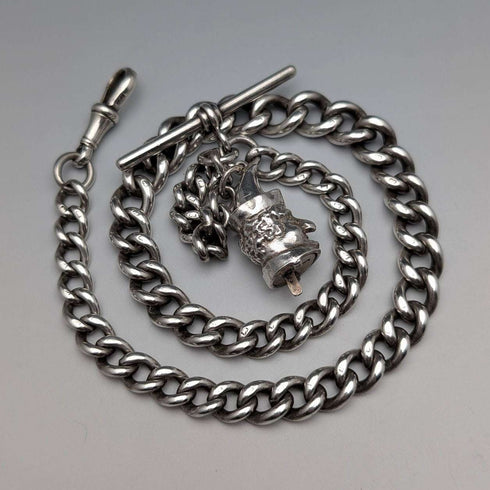 Circa 1900 English Antique Sterling Silver Albert Chain 62g Mr. Punch Charm Fob