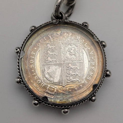 1911年 英國古董 純銀懷錶鍊 59克 6便士硬幣飾品