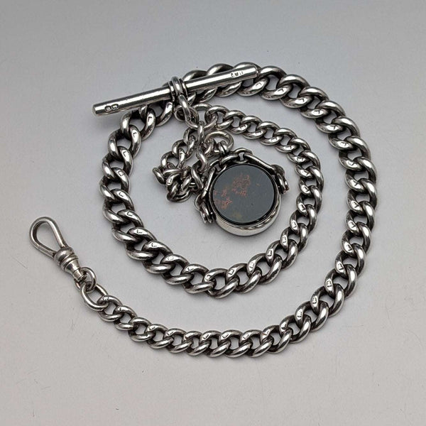 1896 British Antique Sterling Silver Albert Chain 49g with Two-Tone Sterling Silver Swivel Fob