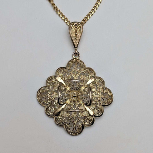 German Vintage Sterling Silver Gilt Filigree Pendant with New Chain