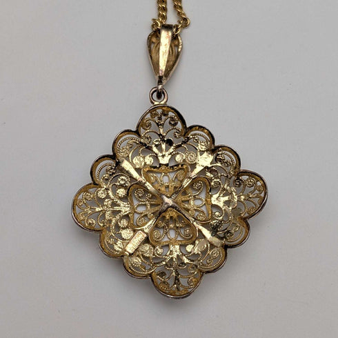 German Vintage Sterling Silver Gilt Filigree Pendant with New Chain