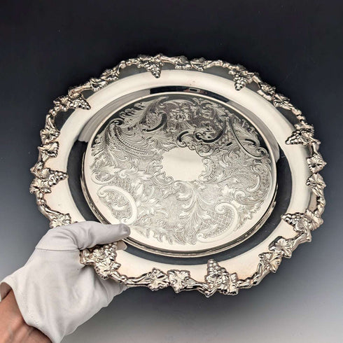 英国ヴィンテージ シルバープレート製 脚付きサルヴァ 直径30cm