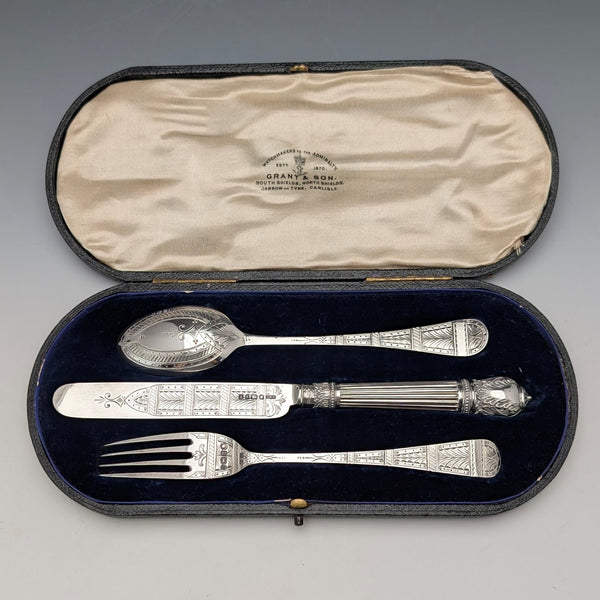 1874年頃 英国アンティーク 純銀製 クリスニングカトラリーセット 計89g Walker&Hall ケース入