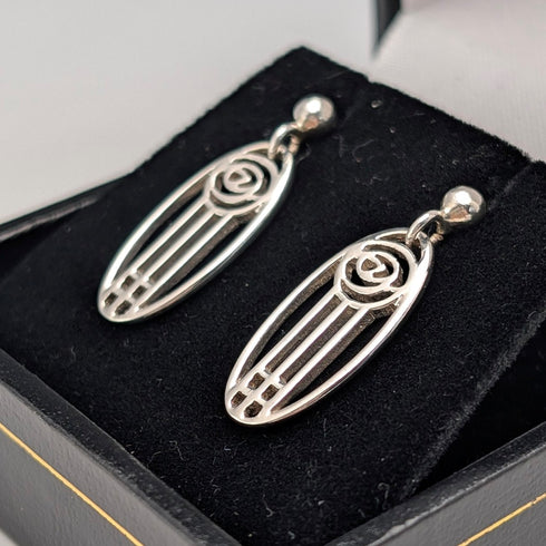 British Vintage Sterling Silver Mackintosh Rose Earrings with Case