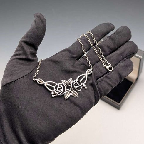 British Vintage Sterling Silver Mackintosh Rose Drop Necklace with Case