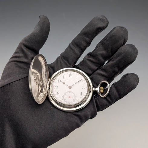 Circa 1913 Antique Longines Pocket Watch, Silver Hunter Case, Good Working Order