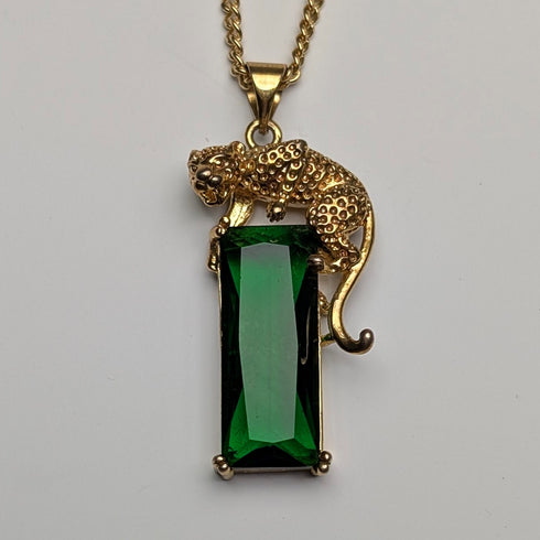 Vintage Sterling Silver Gilt Panther Pedestal Green Stone Pendant