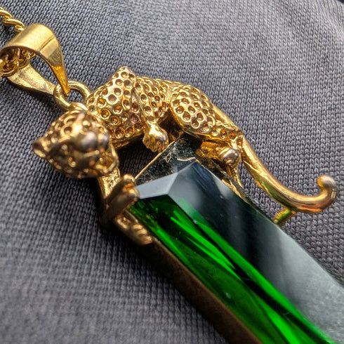Vintage Sterling Silver Gilt Panther Pedestal Green Stone Pendant