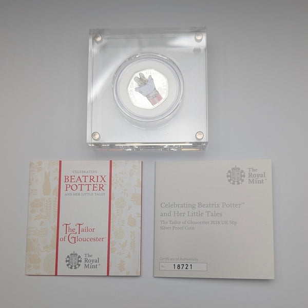 英国 ビアトリクス・ポター 生誕150年記念 「グロスターの仕立て屋」50ペンス記念銀貨 RoyalMint ケース・説明書付