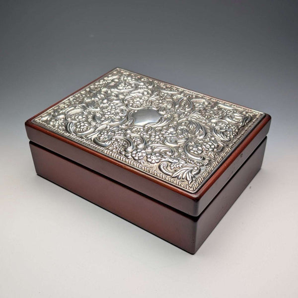 British Sterling Silver Victorian Ornate Wooden Jewelry Box by Carr's of Sheffield