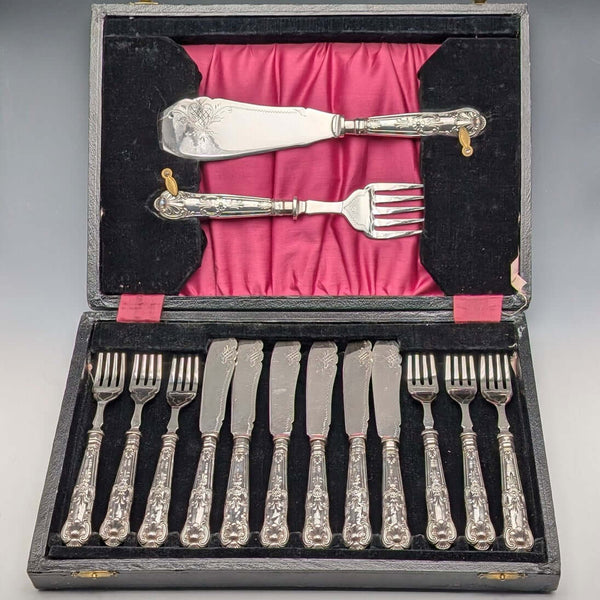 1927 Antique English Sterling Silver Handle Fish Cutlery & Serving Set by Kirby Beard Ltd