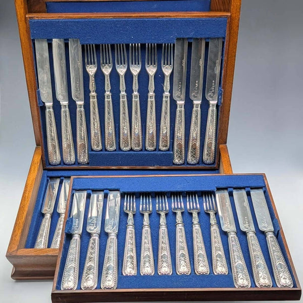Antique British Silver Plate Fish Cutlery Set 18 Pairs by Martin&Hall in Wooden Box