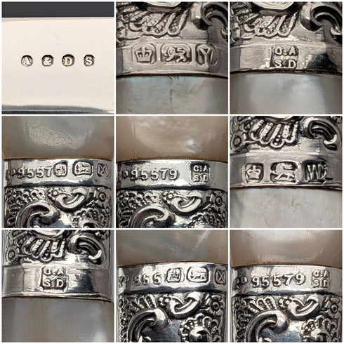 1890年頃 英国アンティーク 白蝶貝ハンドル 純銀装飾 デザートカトラリー6ペア Allen&Darwin