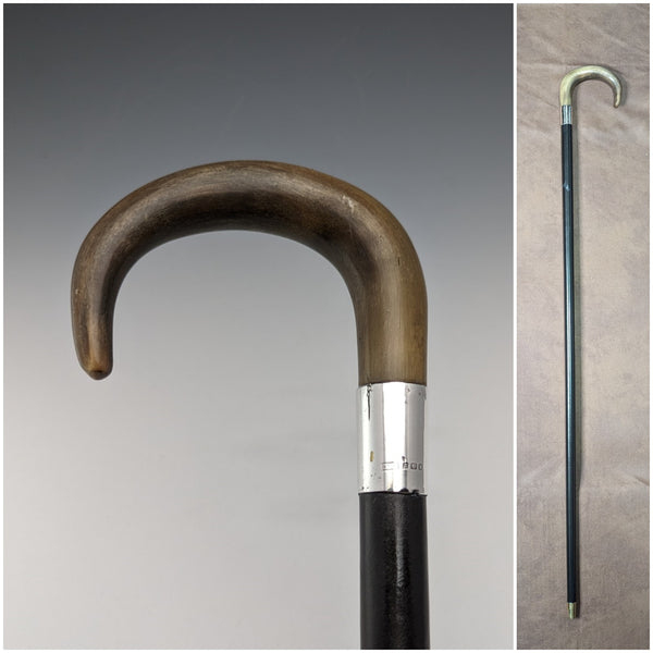 1932 British vintage gentleman's walking stick with horn handle and pure silver decoration, 92cm, K&S