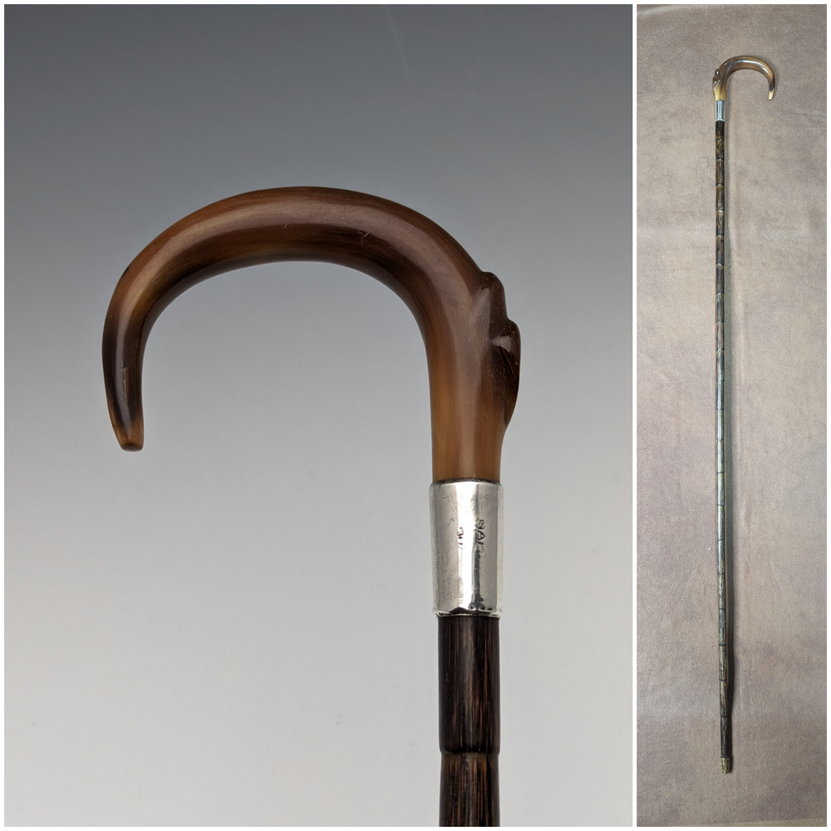 1911年 英国アンティーク レディース用ステッキ ホーンハンドル 純銀装飾 92cm 1911年 英国アンティーク レディース用ステッキ ホーンハンドル