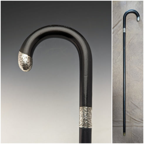 1921 British Antique Men's Cane Sterling Silver Decoration Black Shaft 92cm