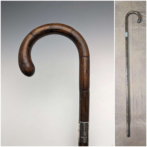 1921 年英國古董男士手杖,輕質弧形手柄,純銀裝飾,棕色桿,88 厘米