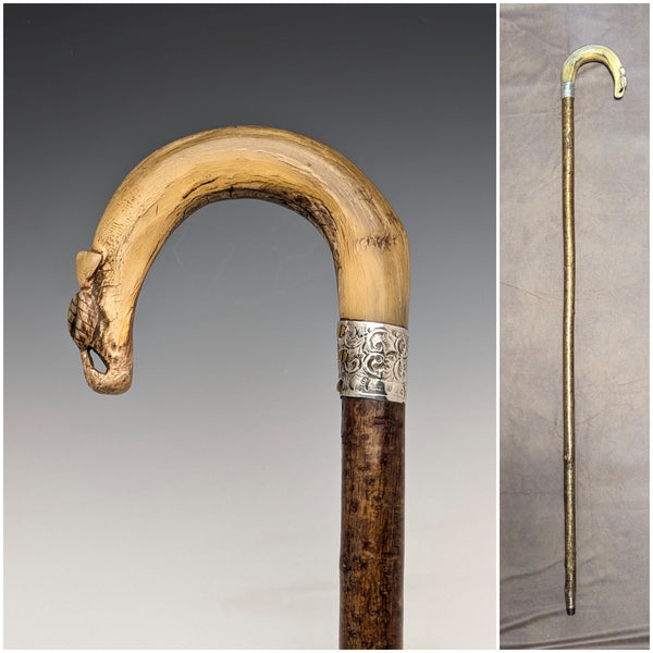 1899 British antique men's pure silver decorated horn handle walking stick 101cm
