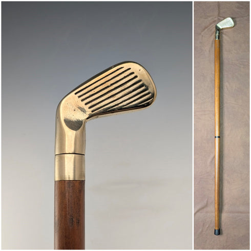 British vintage tan shaft golf club shaped split walking stick 90cm