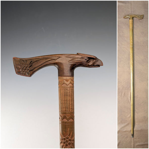 復古雕花棕色杖身鷹頭手柄手杖,90厘米