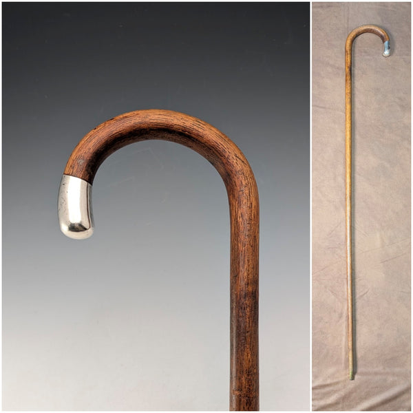 20 世紀 20 年代英國古董棕色桿,彎曲手柄,純銀裝飾,手杖,89 厘米