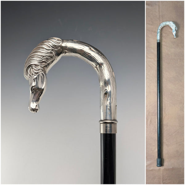 義大利復古黑色桿身純銀馬頭形手柄手杖,82厘米