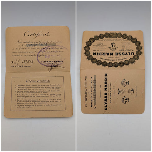 Circa 1940 Vintage Ulysse Nardin Pocket Watch 18K Gold Case In good working order Comes with case and warranty