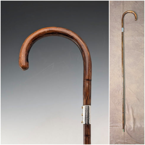 1930年頃 英国ヴィンテージ ブラウンシャフト 曲がりハンドル 純銀装飾 ステッキ 杖 89cm