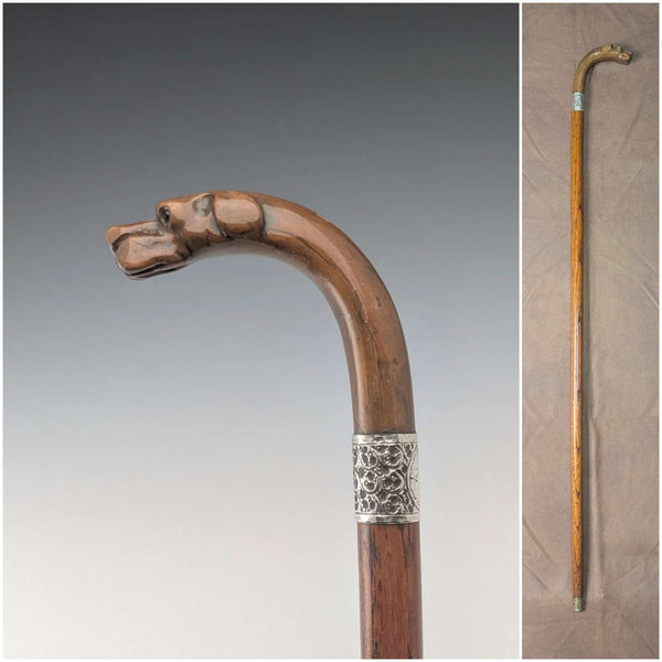 1919年 英国アンティーク ブラウンシャフト ドッグヘッドハンドル 純銀装飾 杖 87cm Jonathan Howell