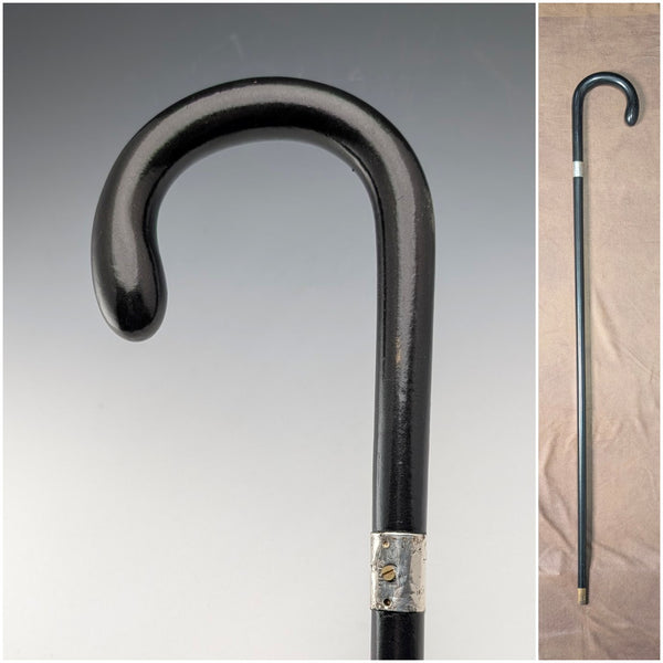 1924 British Antique Black Handle Bent Handle with Sterling Silver Decoration, 91cm, J Howell & Co.