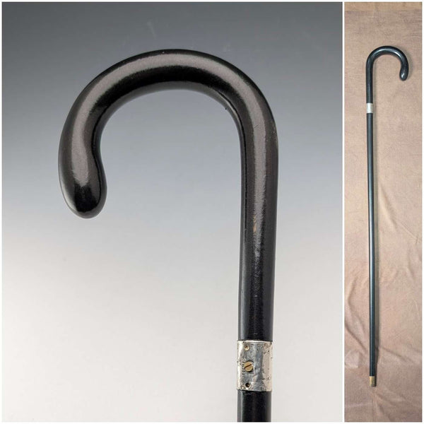 1924年 英国アンティーク 黒軸 曲がりハンドル 純銀装飾 ステッキ 杖 91cm J Howell&Co