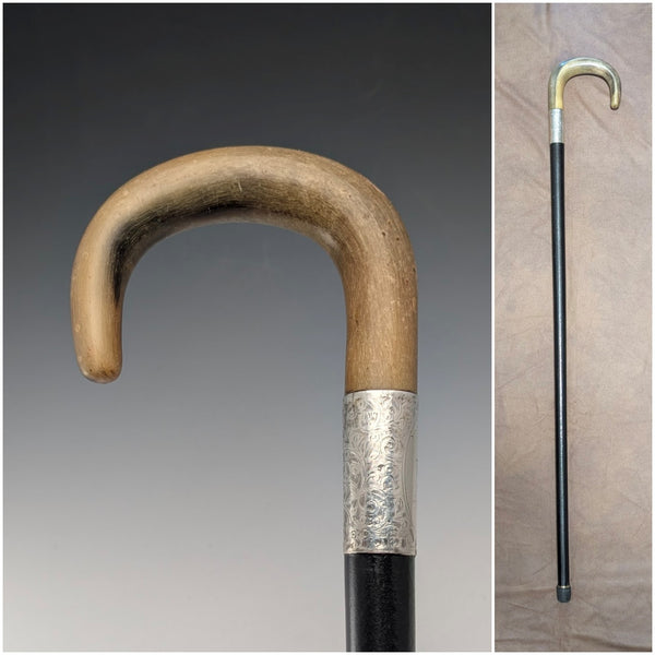 1927 British Antique Black Shaft Horn Handle Sterling Silver Walking Stick 84cm