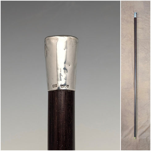 1880 British antique brown shaft sterling silver rondelle handle walking stick, 83cm