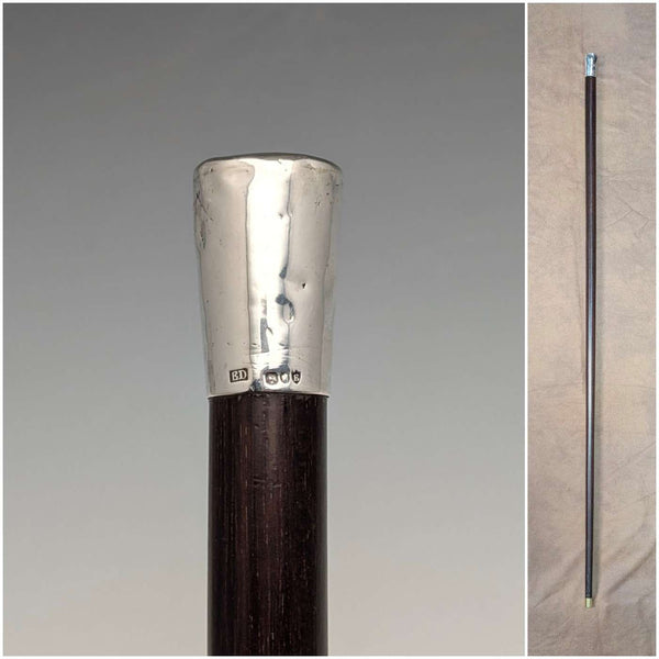 1880 British antique brown shaft sterling silver rondelle handle walking stick, 83cm