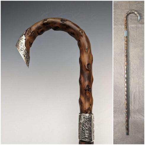 1900 年英國古董男士手杖,弧形手柄,純銀裝飾,棕色桿,90 厘米
