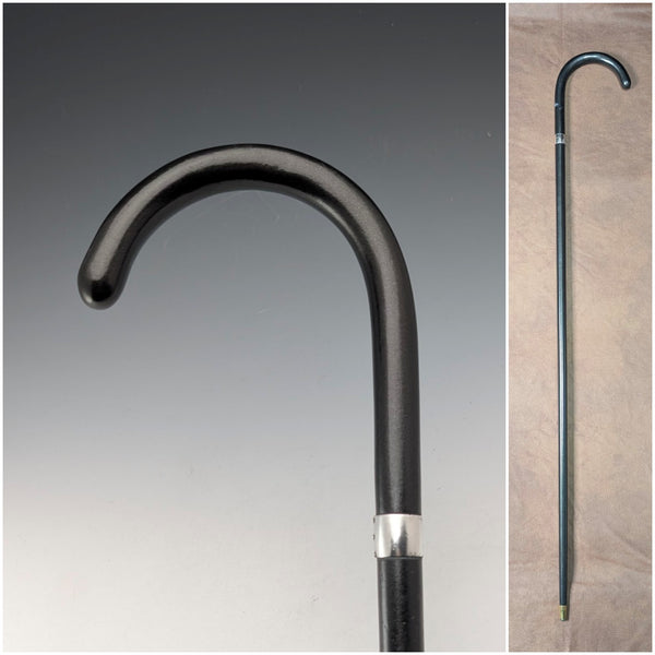 1933年 英国ヴィンテージ 黒軸 曲がりハンドル 純銀装飾 軽量ステッキ 杖 94cm M&T Ltd