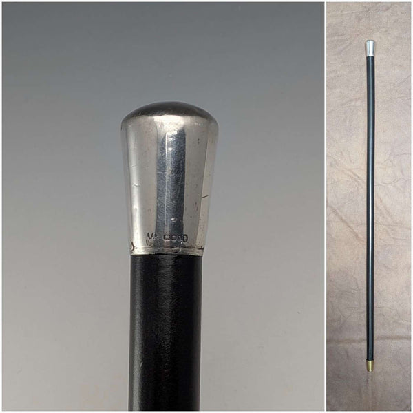 1953 British Vintage Black Shaft Sterling Silver Rondelle Handle Walking Stick, 81cm