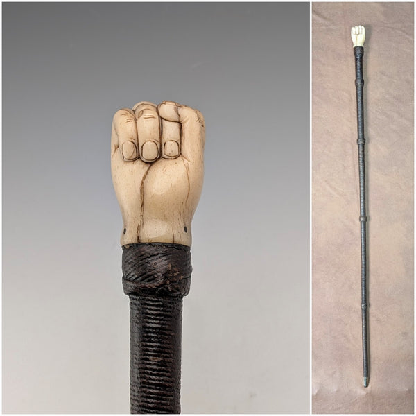 Antique British bone fist-shaped round handle walking stick, 85cm