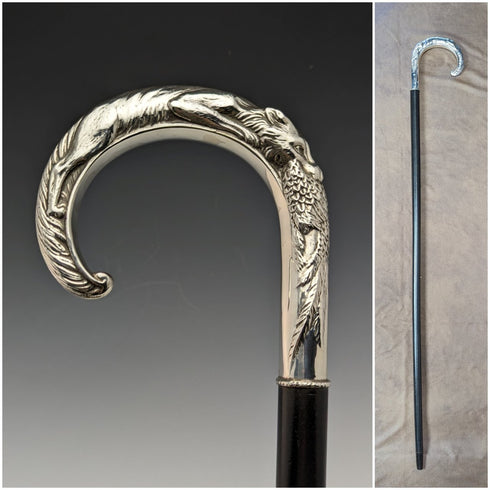 1989 年英國製造狐狸和野雞裝飾純銀弧形手柄男士手杖 86 厘米 Broadway & Co