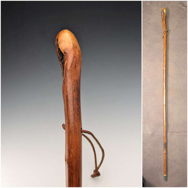 Vintage Natural Wood Hiking Stick with Leather Strap, 124cm