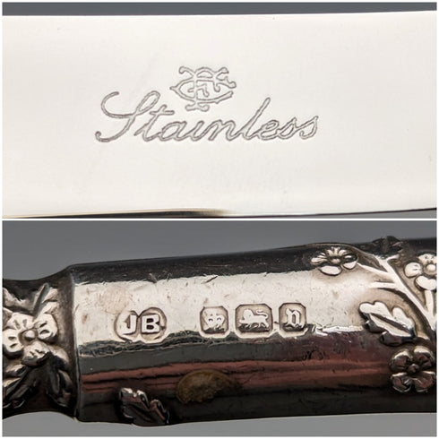 1905年 英国アンティーク 純銀ハンドル ティーナイフ5本セット John Biggin ケース入り