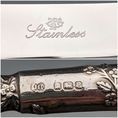 1905 British Antique Sterling Silver Handle Set of 5 Tea Knives by John Biggin in Case