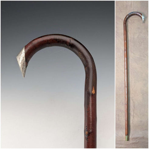 1899年英國古董棕色軸,彎曲手柄,純銀裝飾,手杖,85厘米