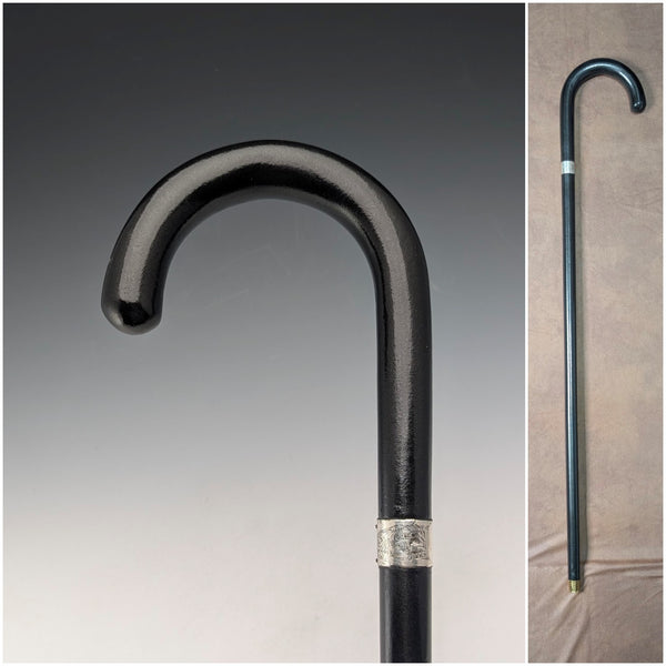 1944 British vintage black shaft curved handle pure silver decorated walking stick 83cm K&SLD