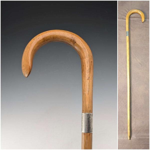 1923年英國古董棕褐色桿,彎曲手柄,純銀裝飾,手杖,91厘米,K&S